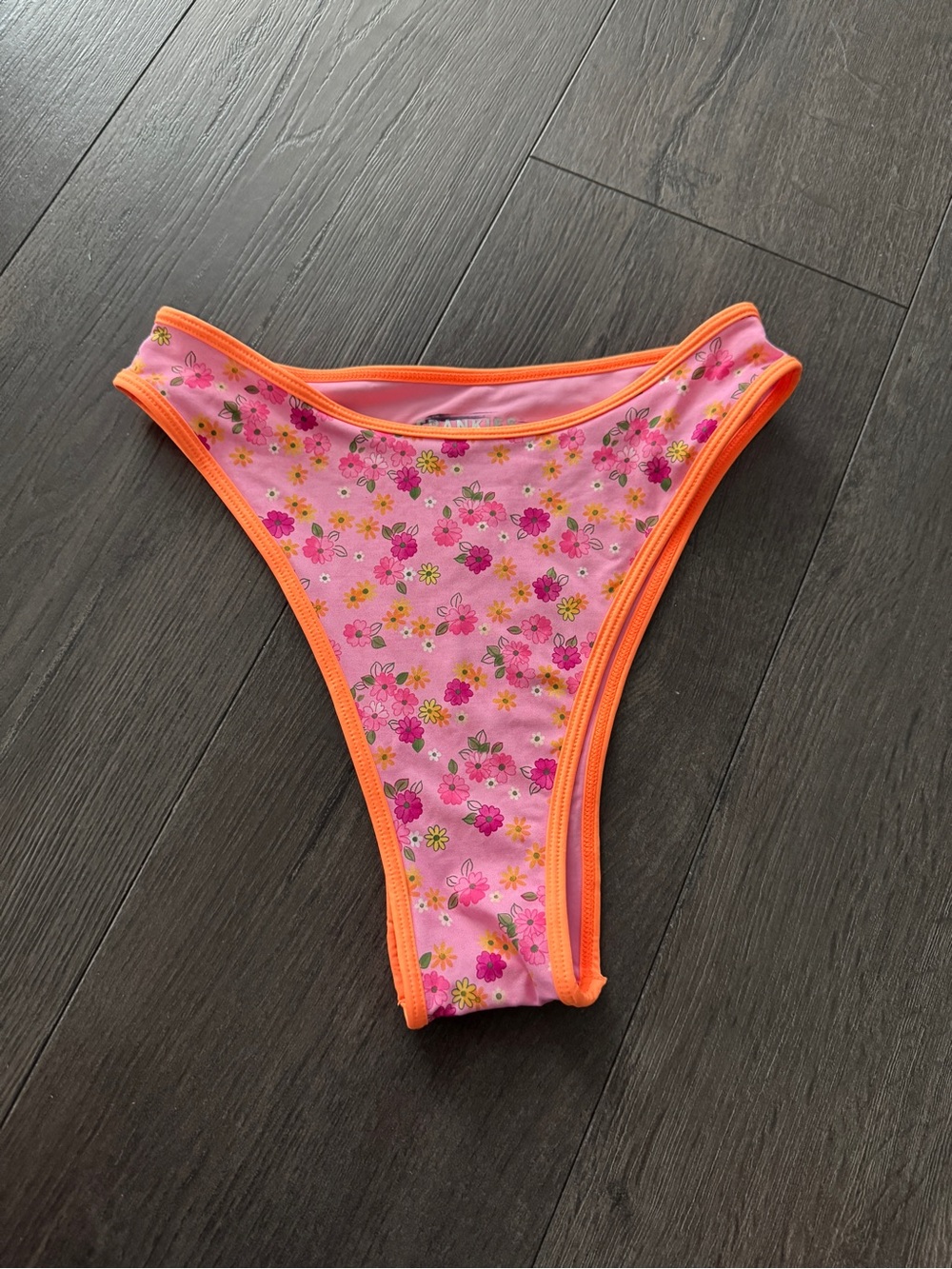 Frankie's Bikinis Pink Floral High-Cut Bikini Bottom with Orange Trim